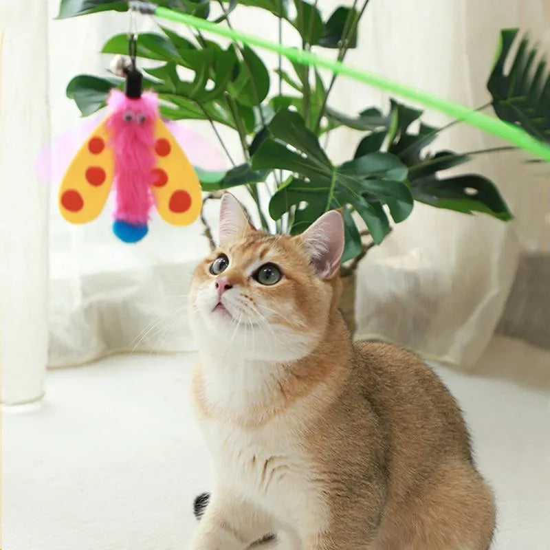 Cat wand toy with dragonfly attachment and bell on 49cm ABS plastic stick