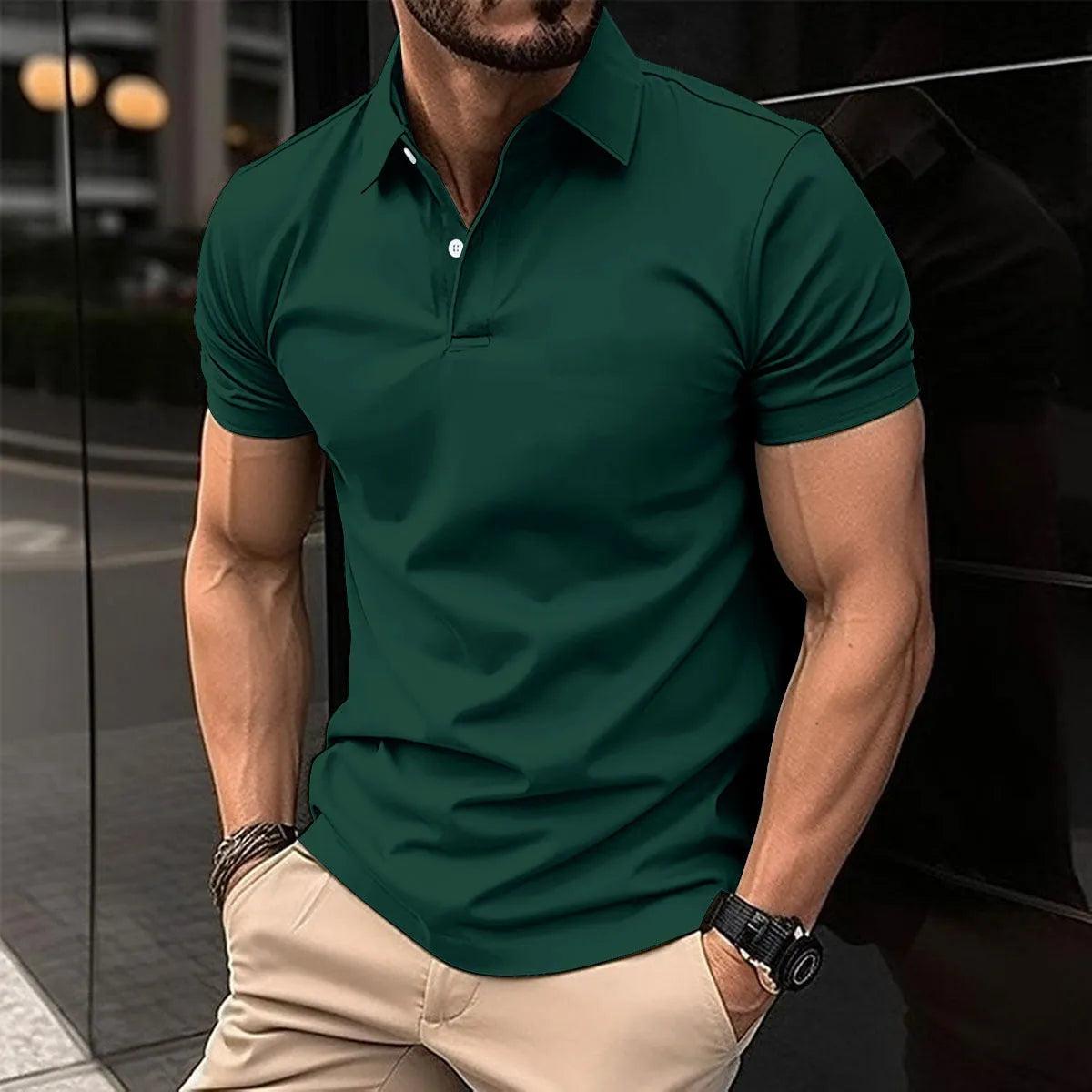 Men's solid colour cotton blend polo shirt with button lapel collar and short sleeves