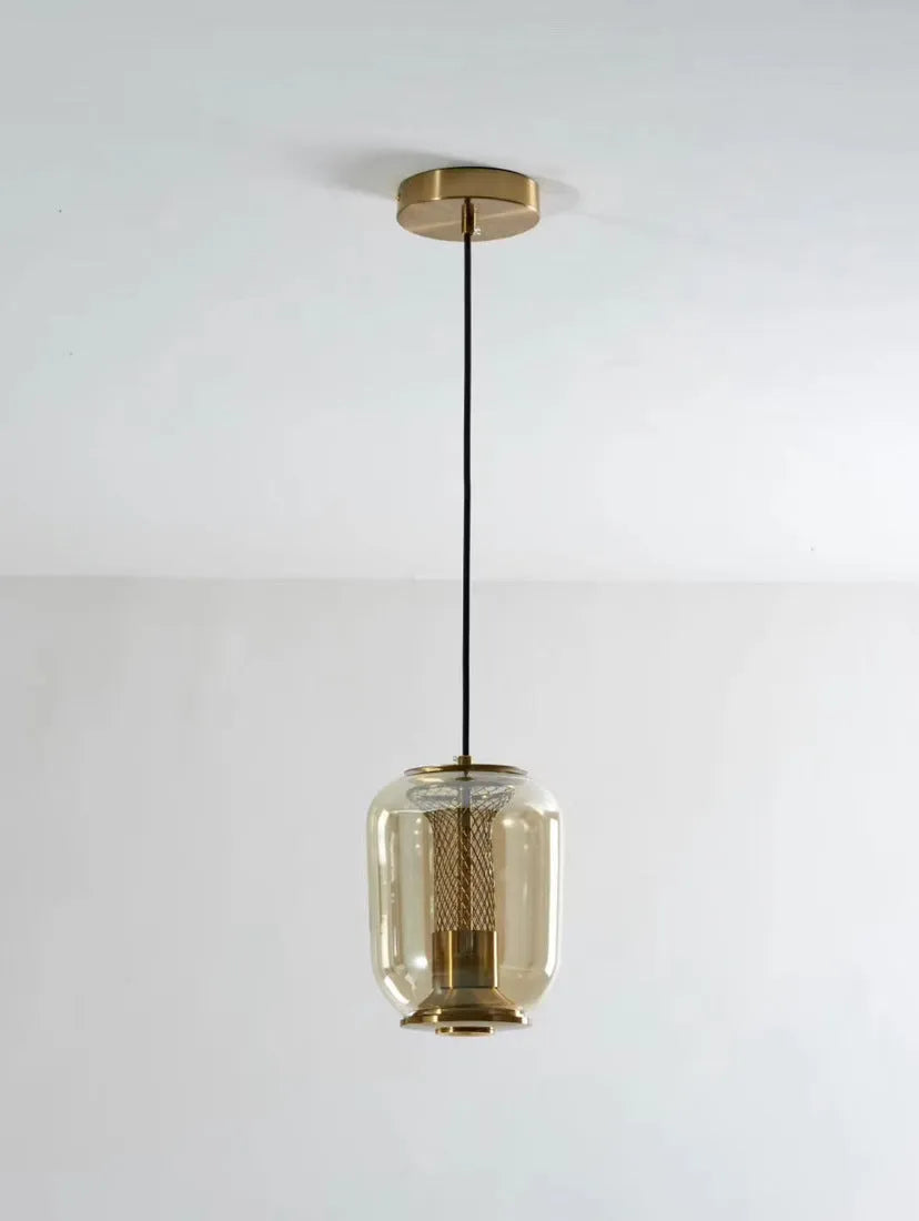 Minimalist Nordic glass chandelier pendant light in clear, cognac, or smoky grey, 16cm wide.
