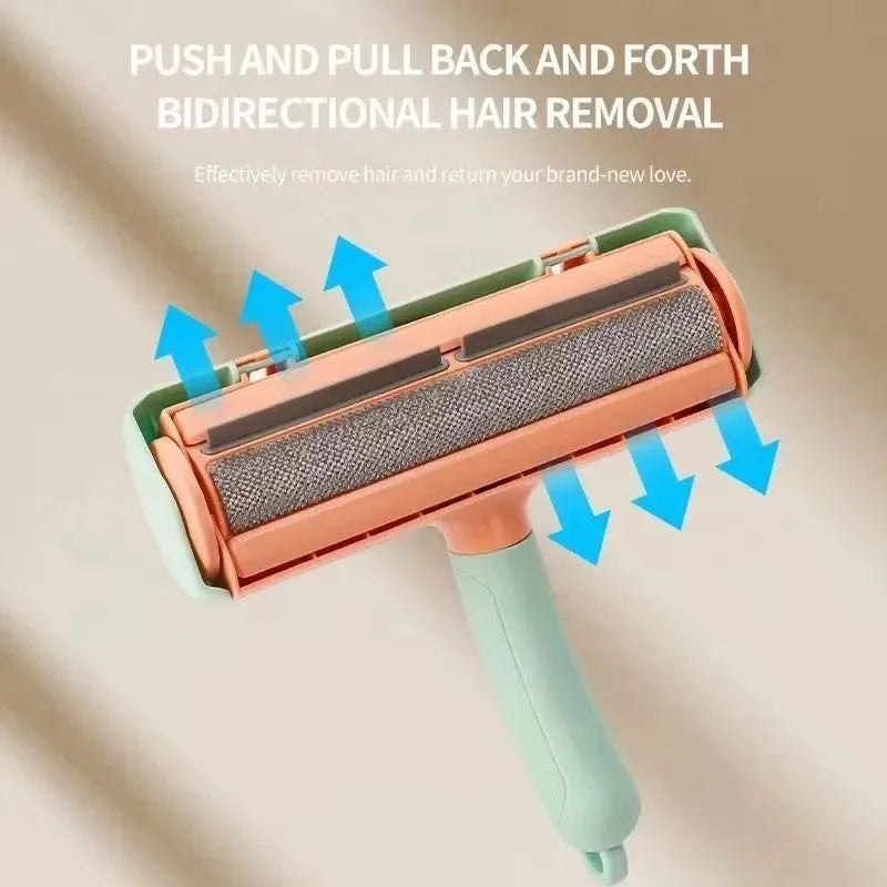 Two-way pet sticky hair roller brush with non-slip handle in gray or green for clothing and sofa cleaning