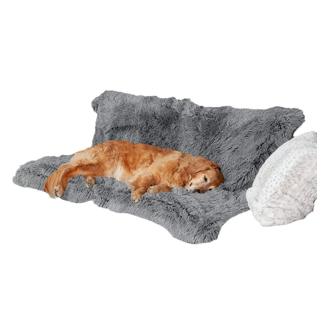 Plush waterproof double layer thickening dog cushion in dark grey colour showing size comparison