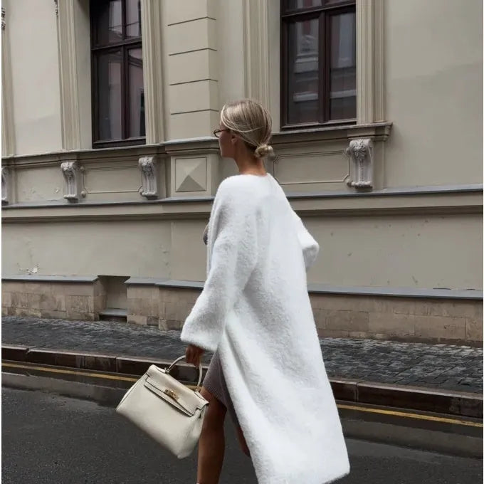 White longline loose fit knitted cardigan jacket for women