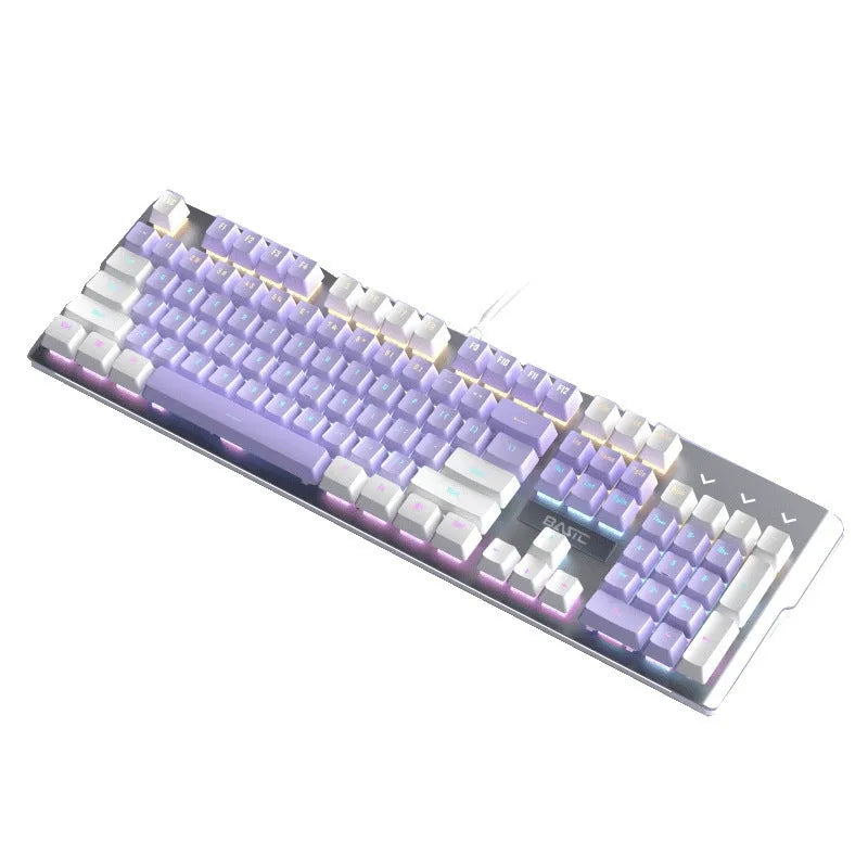 White and purple wired mechanical keyboard and mouse combo set with backlight illumination