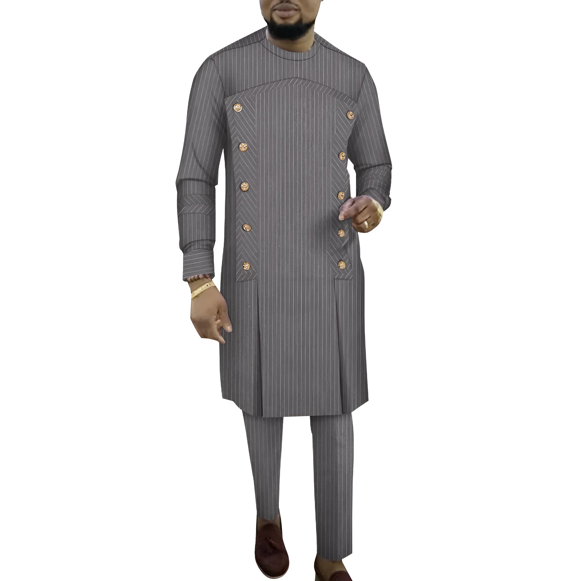 African men's striped robe two-piece set in cotton with T-shirt style jacket and matching trousers