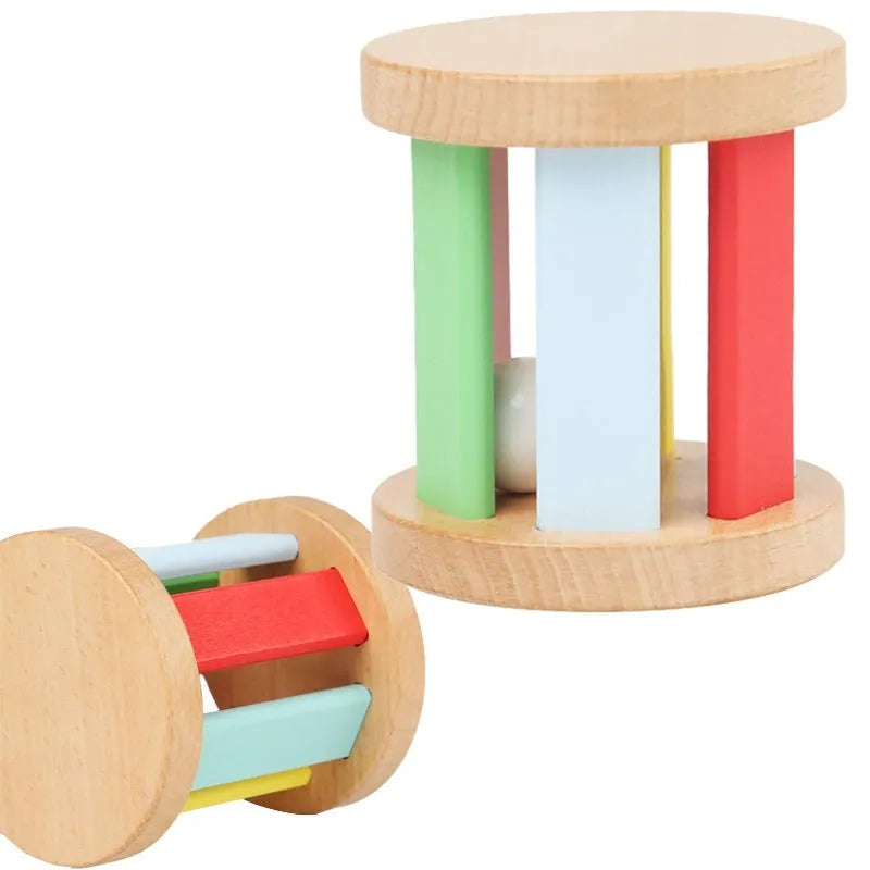 Wooden infant rainbow rattle with rolling bell design, 7.5x7cm, for babies aged 0-3 years