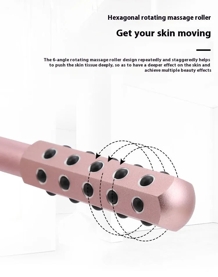 Purple handheld facial massage roller with germanium particles on a white background.