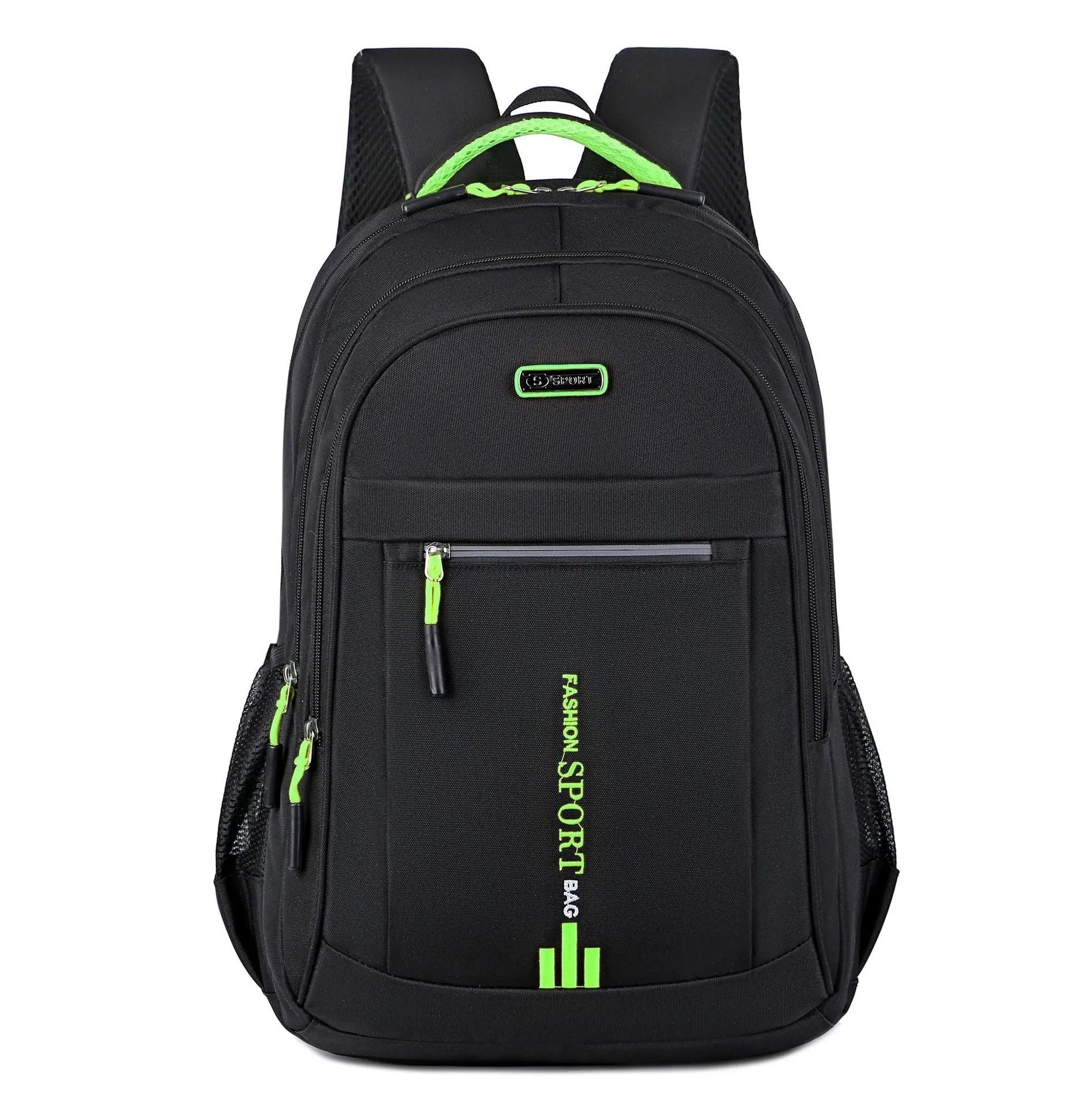 Blue business travel backpack with airpillow straps and sewing line detail on Oxford cloth.
