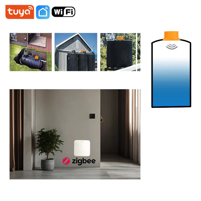 Moray ME201W wireless fluid level monitor unit with power adapter for remote tank monitoring via smartphone app.