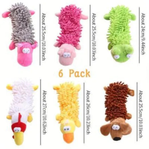 Plush microfibre horse molar dog chew toy showing brown dog, yellow duck, and white chicken designs