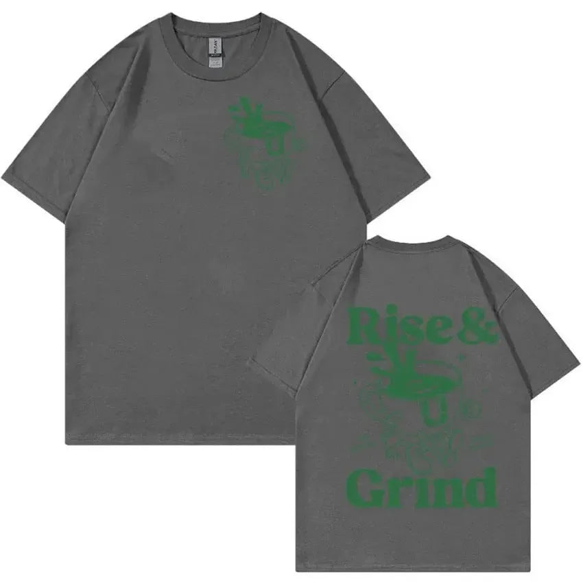 Men's loose fit linen T-shirt with green coffee cartoon design in multiple colour options