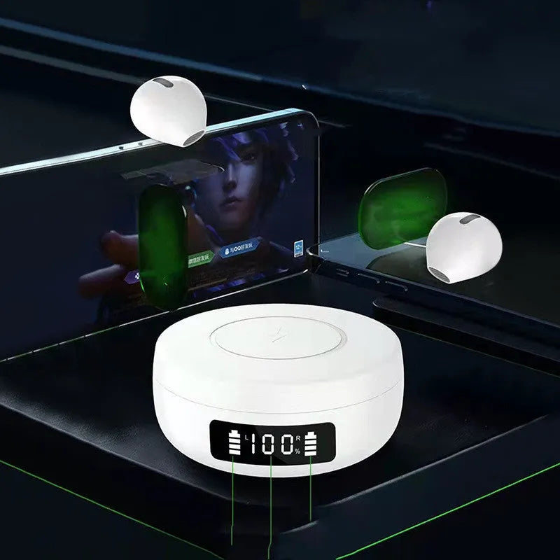 Mini black semi-in-ear wireless headphones with their compact wireless charging case on a table.