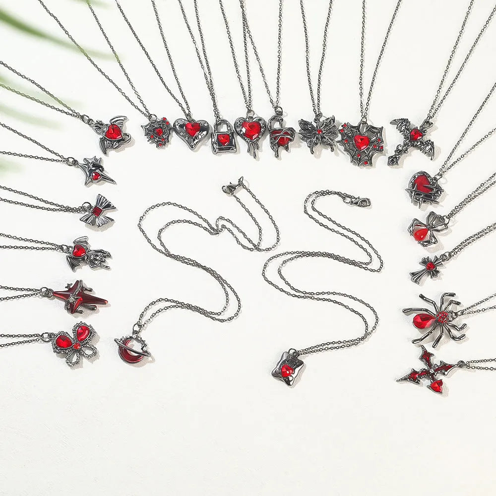 Gothic zinc alloy necklace with electroplated bat and spider pendant designs for Halloween.