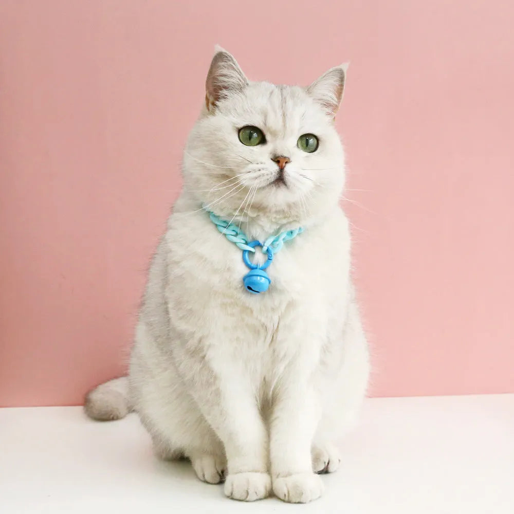 Adjustable plastic pet collar in macaron candy colours with chain detailing, shown with a buckle.