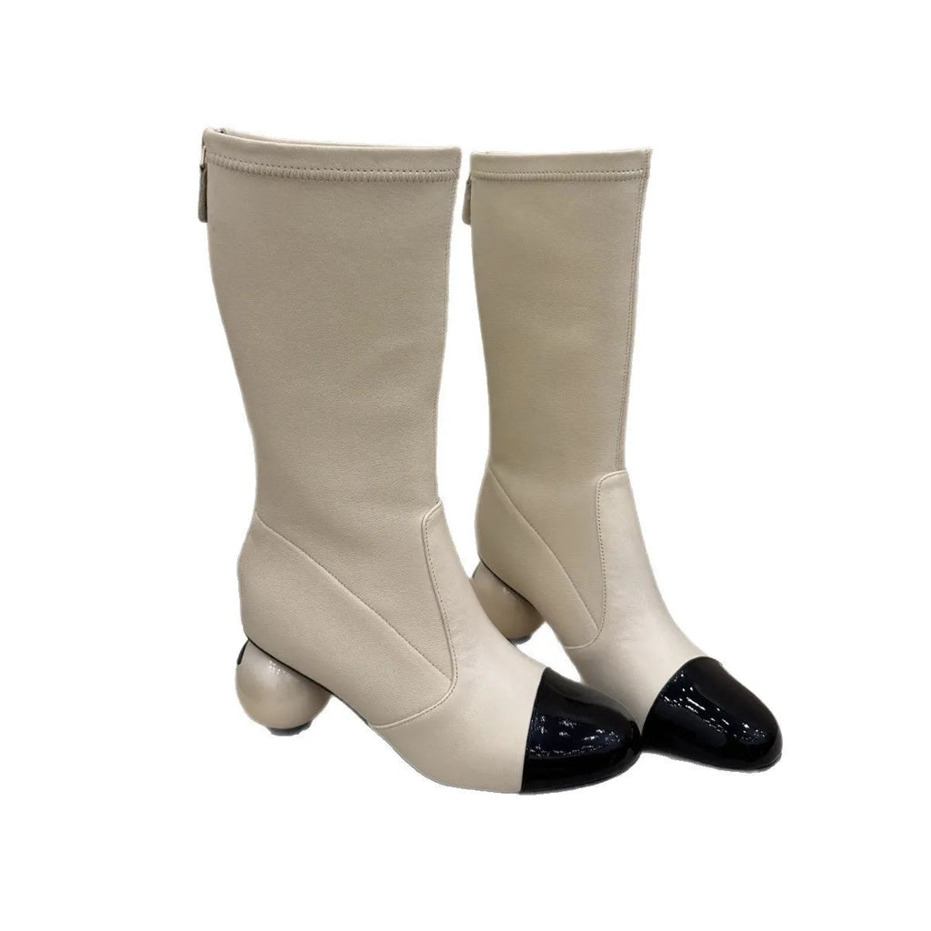 Women's winter chunky heel ankle boots in apricot with elastic fabric upper and back zipper