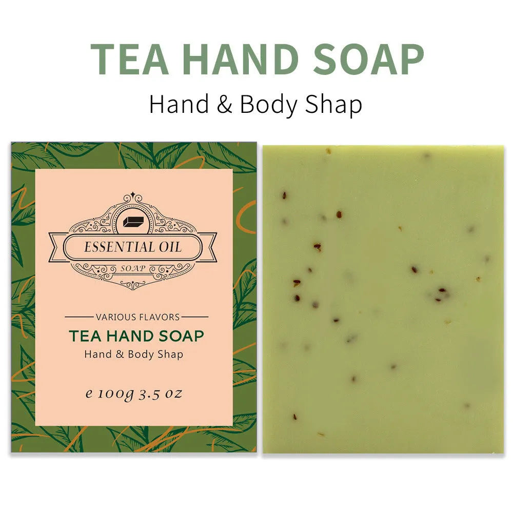 Handmade plant essential oil soap bar with frosted texture showing coconut green tea lavender rose scent options