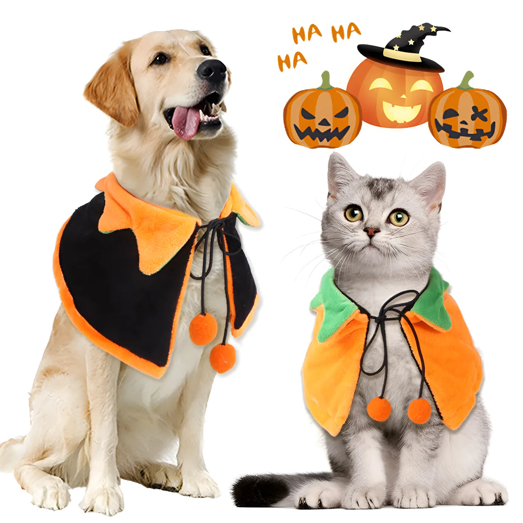 Plush double-sided pumpkin cloak Halloween costume for dog or cat in S, M, L sizes with hat option