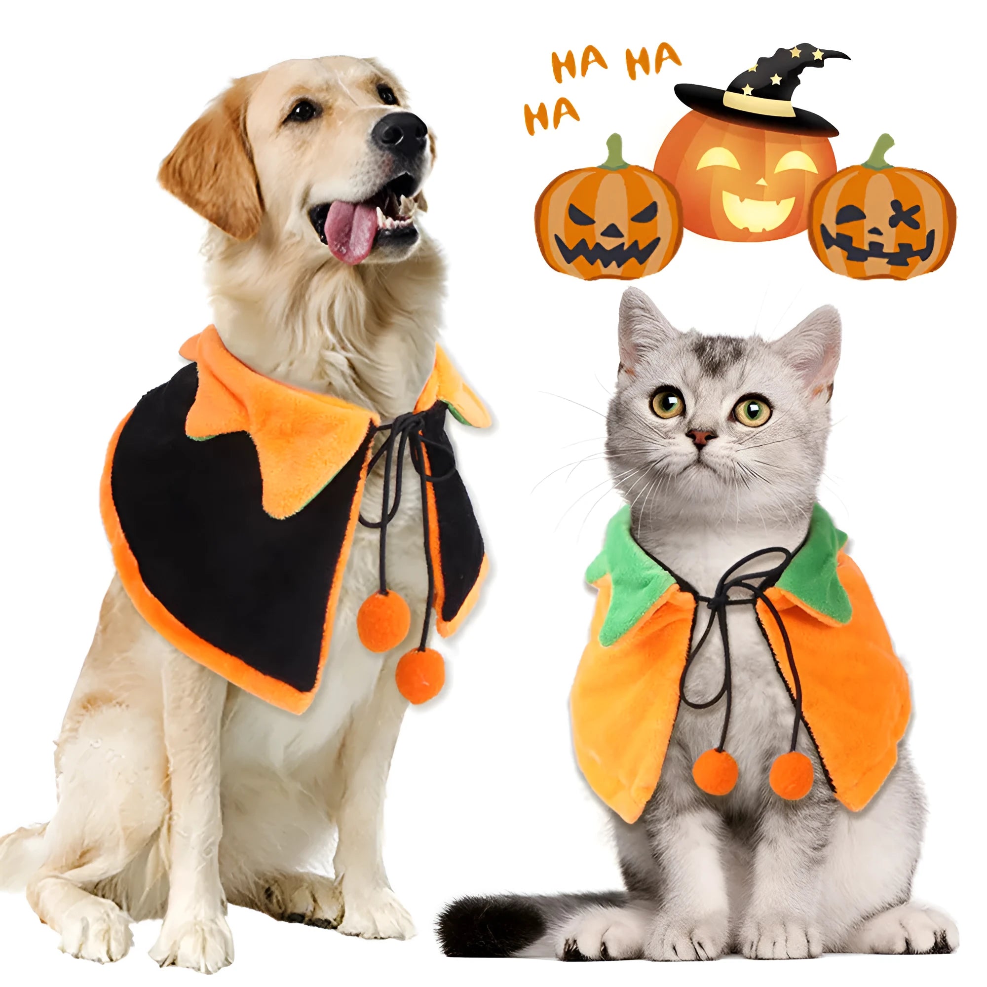 Plush double-sided pumpkin cloak Halloween costume for dog or cat in S, M, L sizes with hat option