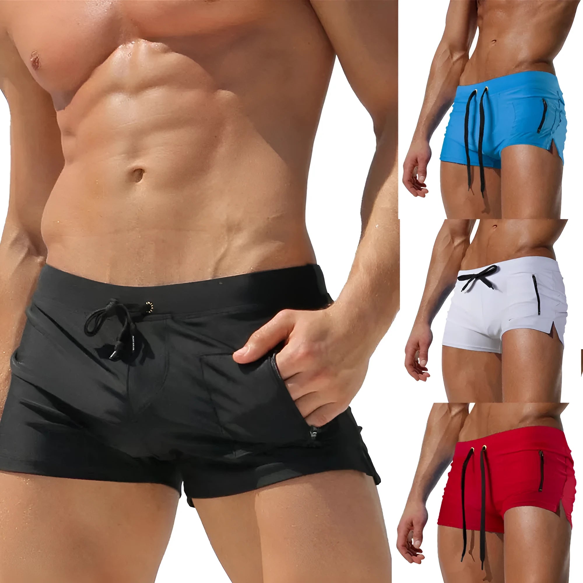 Men's solid colour polyester swimming trunks with high waist and lace-up brief design.