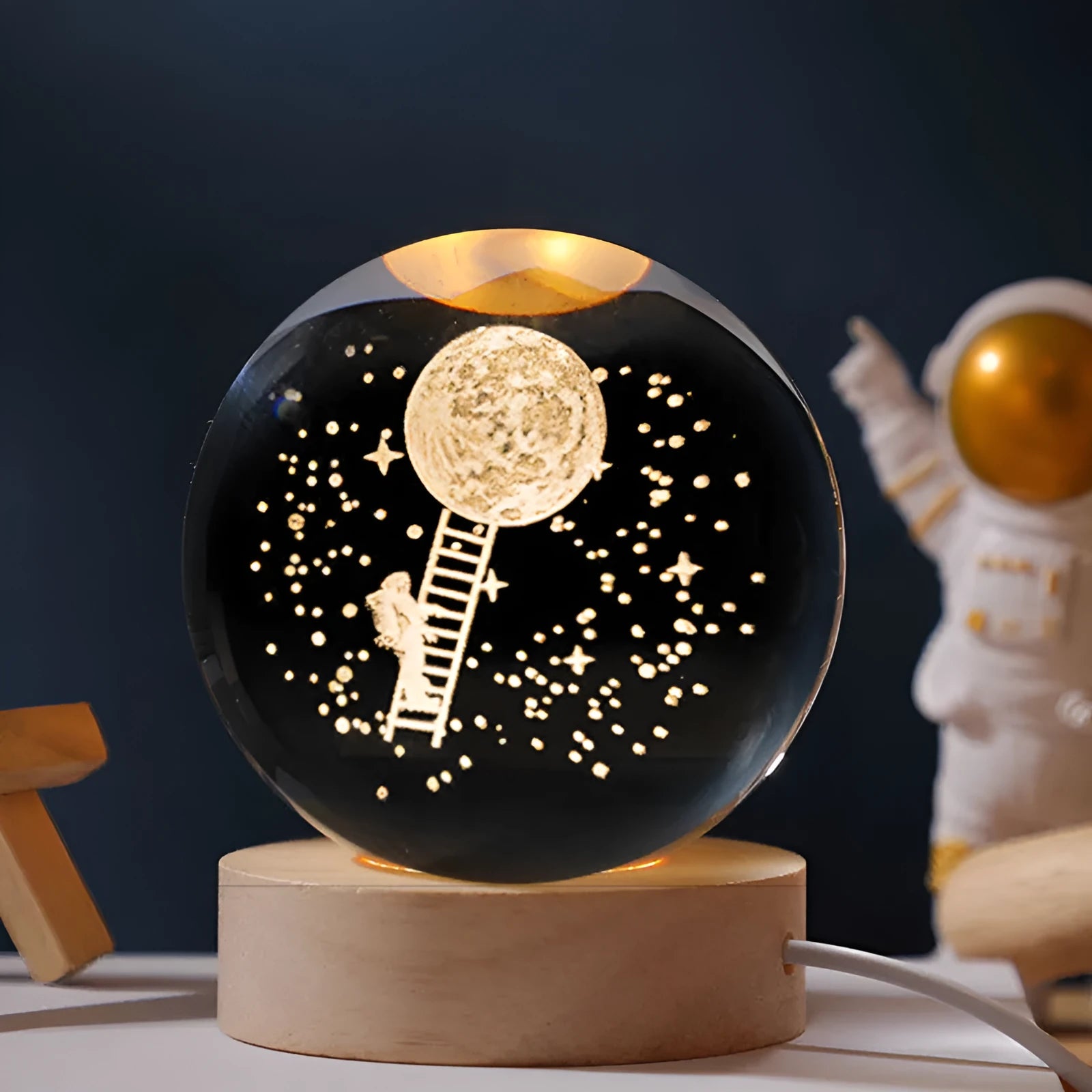 USB-powered luminous crystal ball on wooden base with starry sky or landing moon design