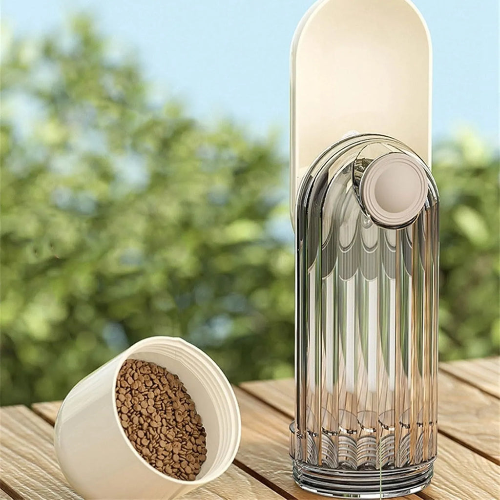 Beige foldable dog water bottle with food dispenser base shown extended and compressed