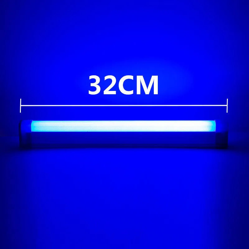 Blue and purple rechargeable LED tube stick light with dimmable settings.