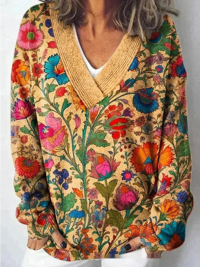 Women's V-neck sweatshirt with 3D floral print pattern on white polyester woven fabric