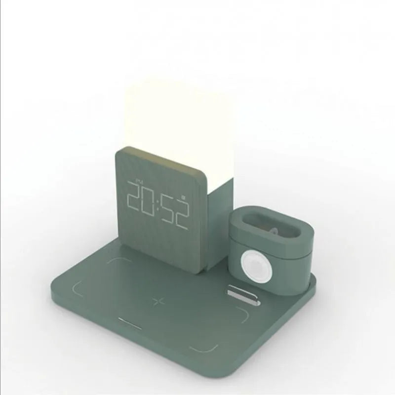 A dark green 3-in-1 wireless charging stand holding a phone, an Apple Watch, and a case for AirPods.