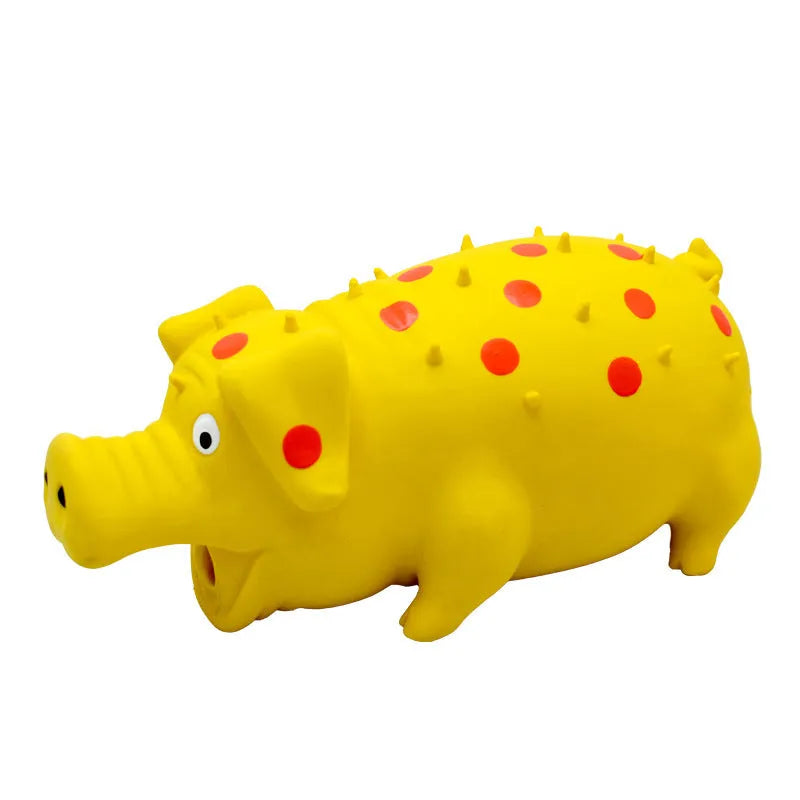 Blue latex squeaky pig-shaped dog chew toy with textured surface for teeth cleaning.