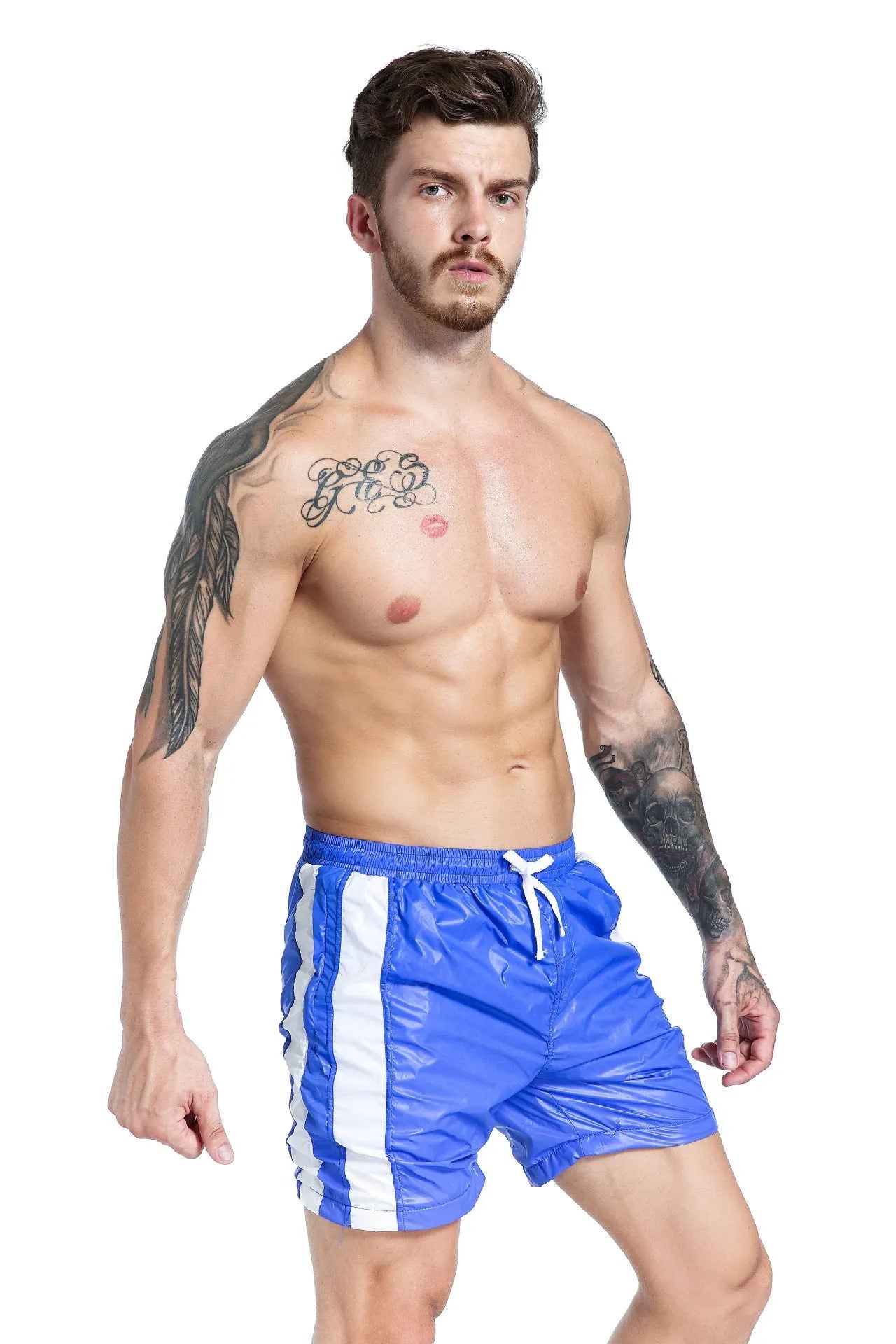 Blue men's lace-up sports shorts with padding on a white background.