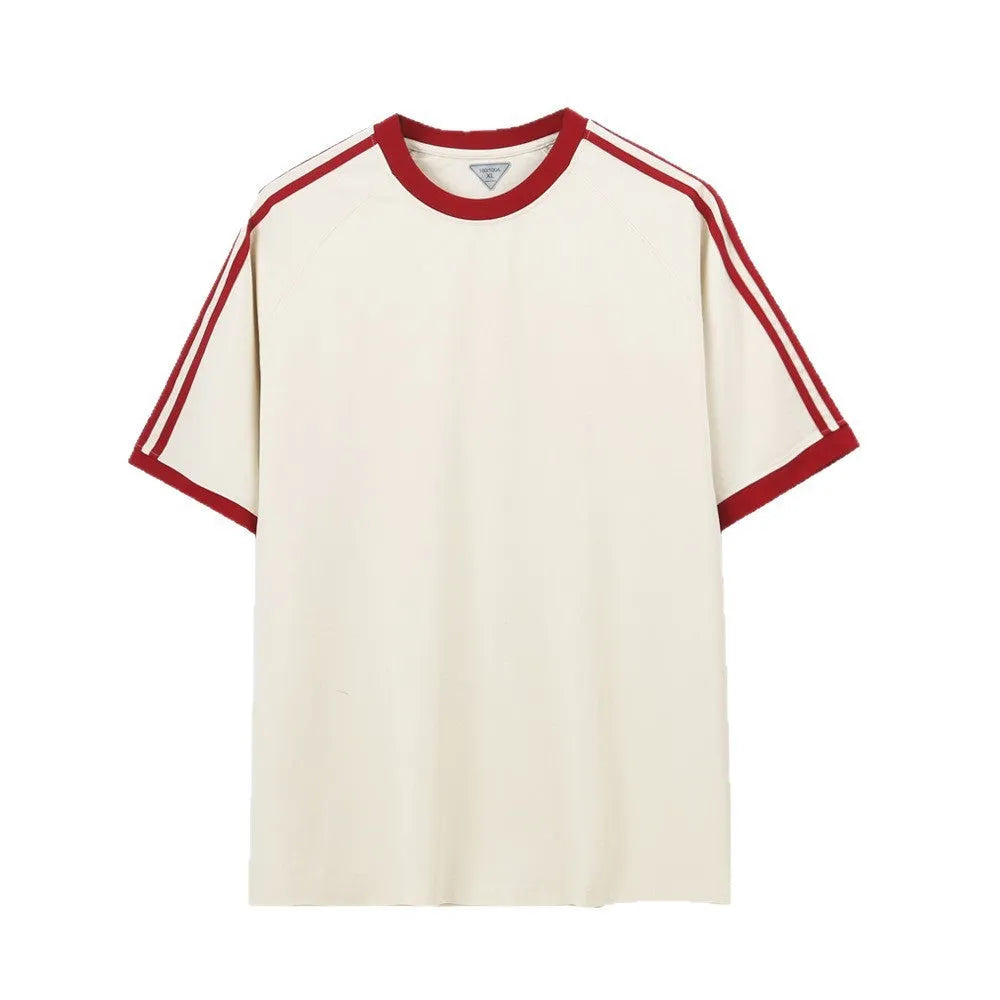 Unisex ice silk cotton stripes five-point top in loose fit, available in multiple colours and sizes S to 2XL