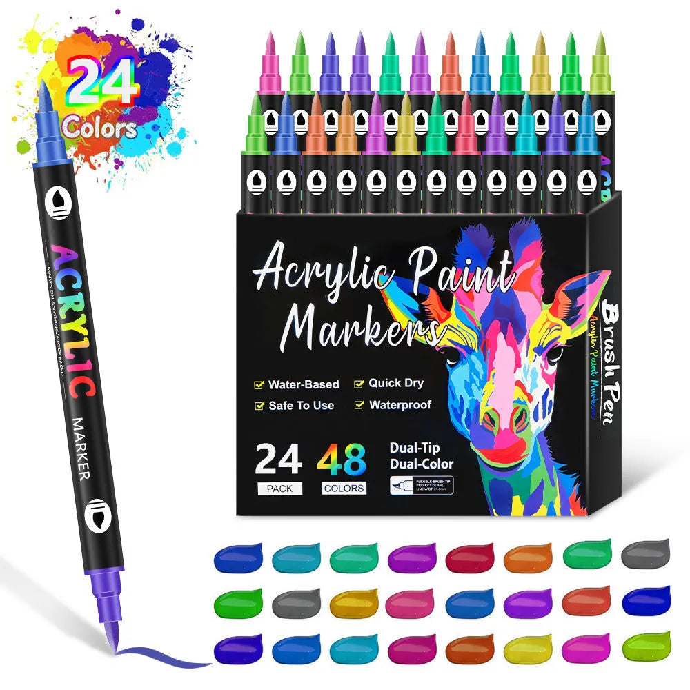Set of double-ended washable acrylic marker pens with quick-drying opaque ink in various colours