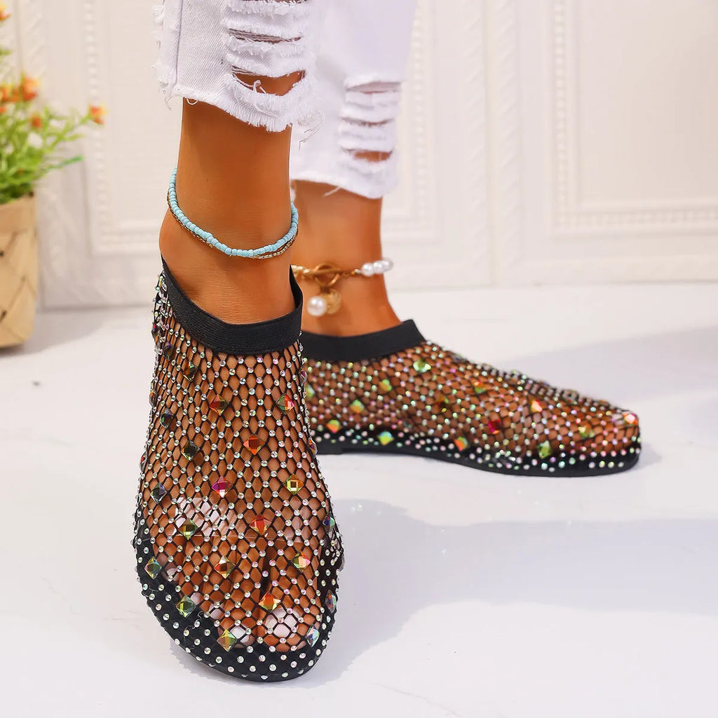 Women's colourful rhinestone mesh flat sandals with round toe and rubber sole for summer beach wear