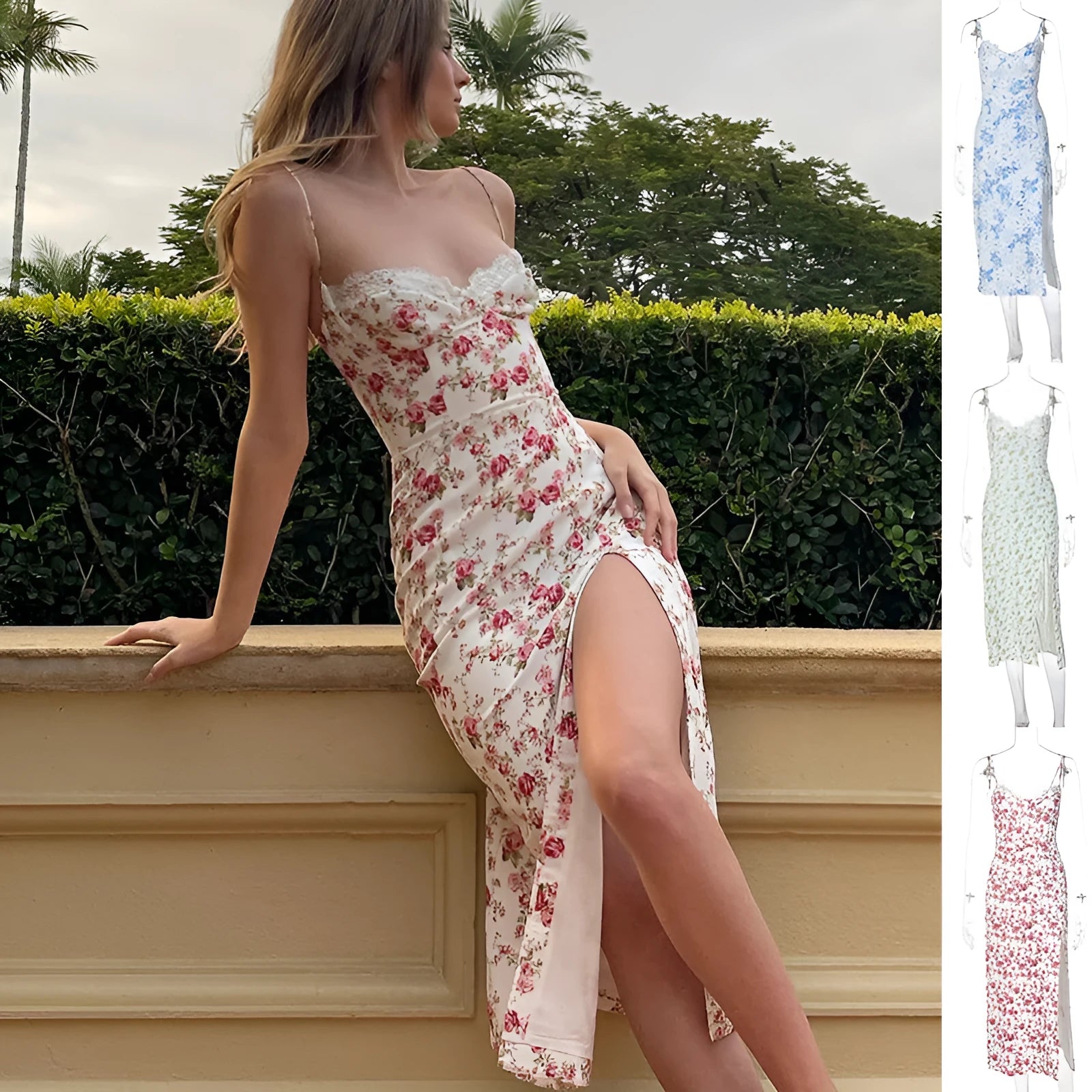Blue women's long dress with white lace flower print, side slit, and thin suspender straps.