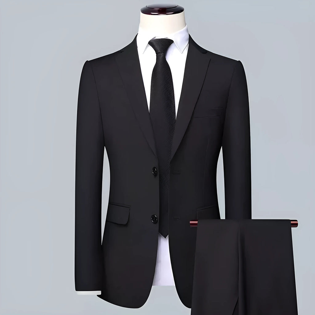 Men's Korean slim fit three-piece business suit set in black colour with tie