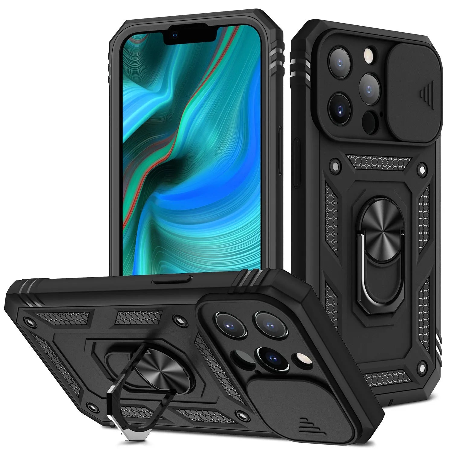 Magnetic sliding window back cover case for iPhone 12 and 13 phones in sapphire blue colour.
