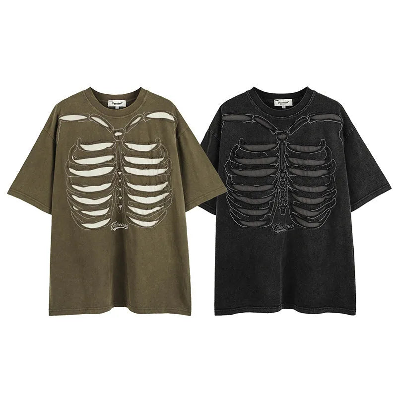Man's loose black cotton t-shirt with skull and text print, featuring drop-shoulder sleeves.