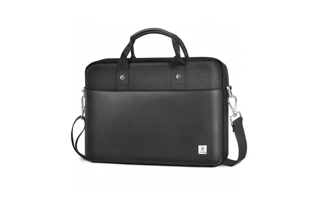 Black Oxford cloth laptop bag showing multiple interior organisational pockets and a security lock.