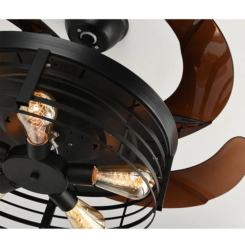 American retro industrial style ceiling fan lamp with acrylic blades and shade, remote control on table.