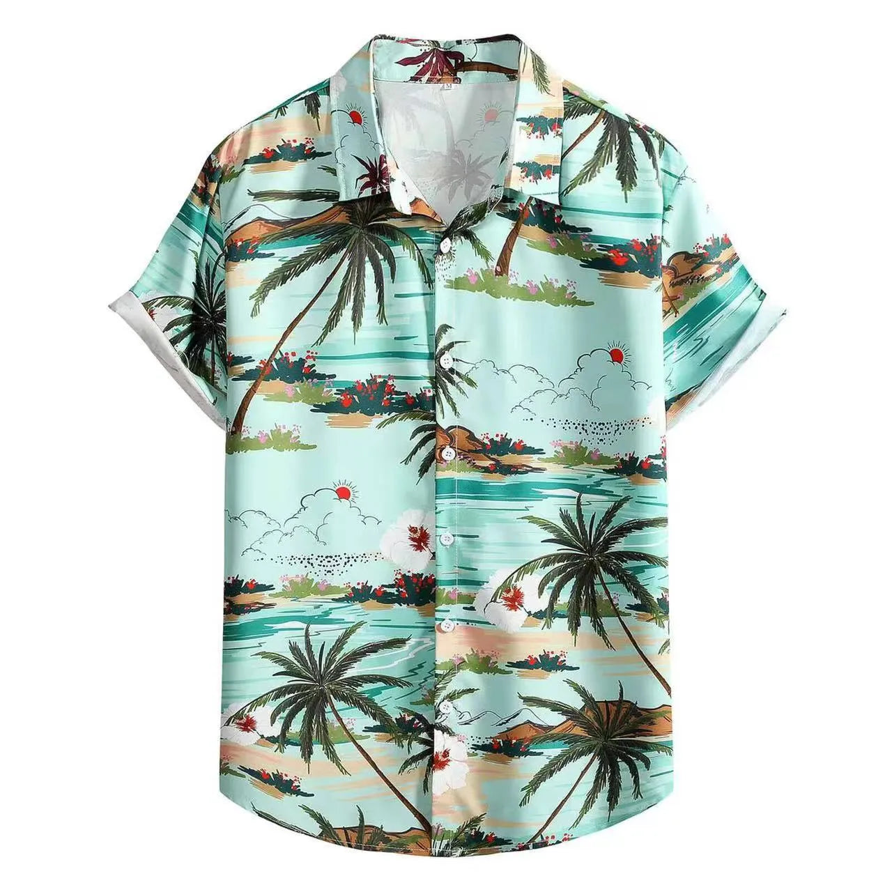 Man wearing a short-sleeved Hawaiian shirt with colourful 3D printed patterns.