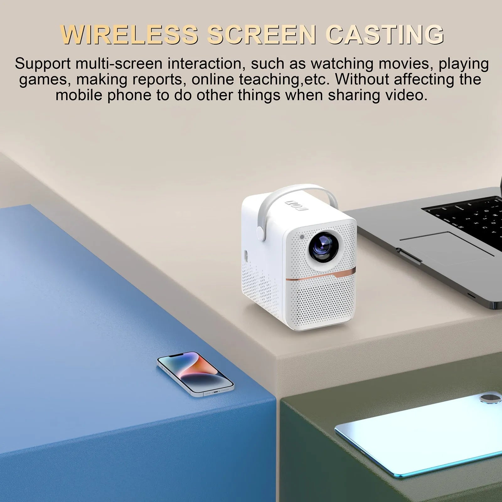 Black portable Android projector displaying 720p HD content with UK plug specification