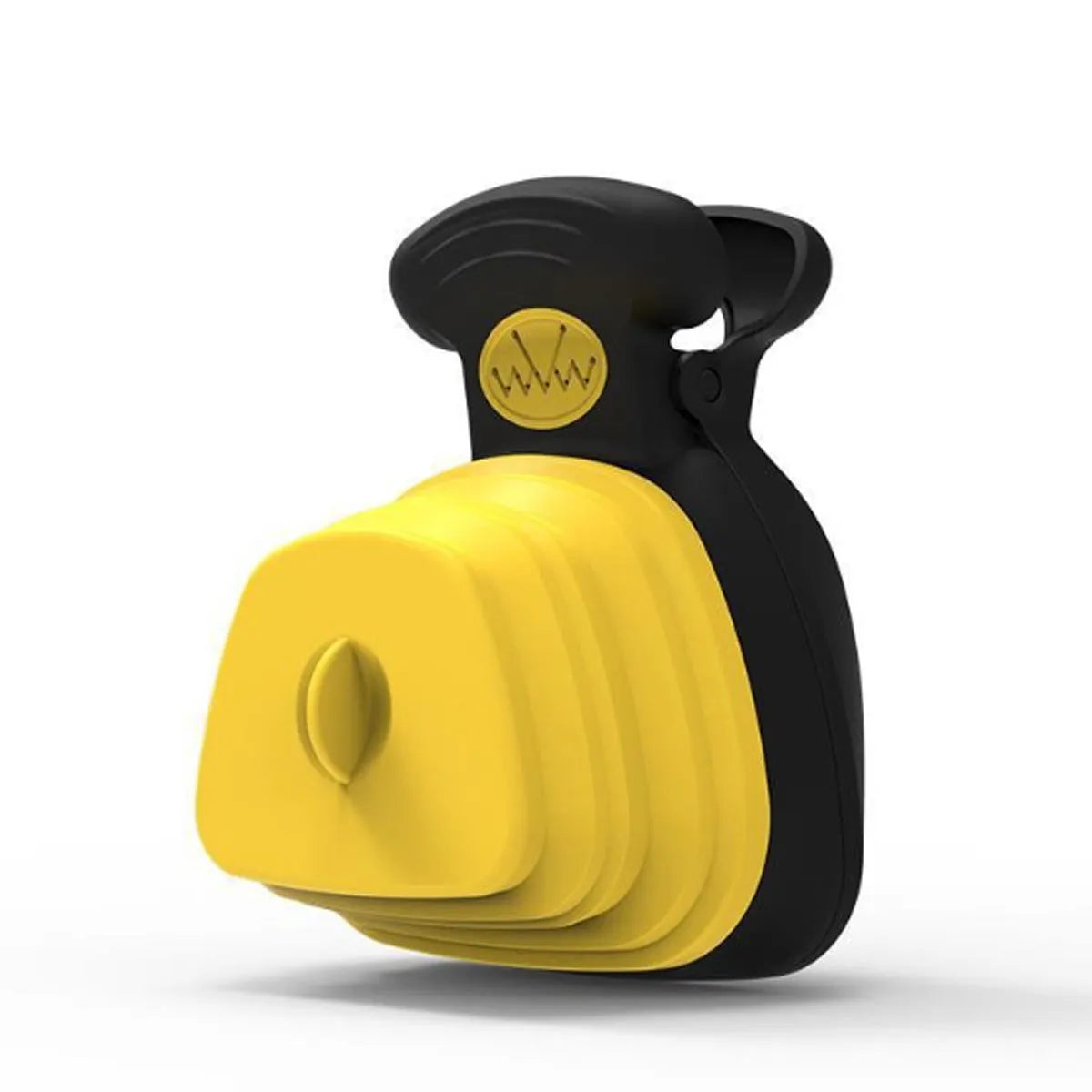 Blue portable dog pooper scooper with expandable container and carabiner clip.