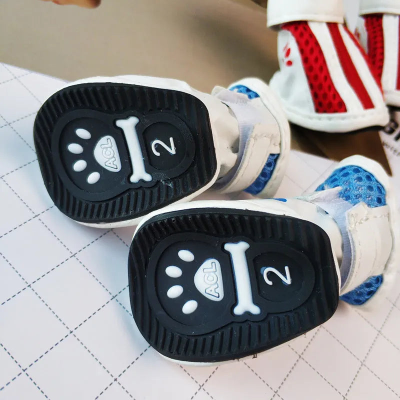 Four pairs of blue, pink, and red cloth dog shoes with zip fastenings on a white background.