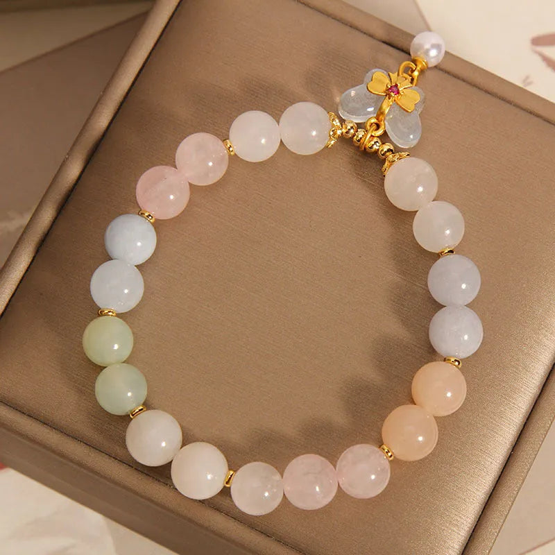 Natural morganite crystal bracelet with colourful butterfly pendant and adjustable chain