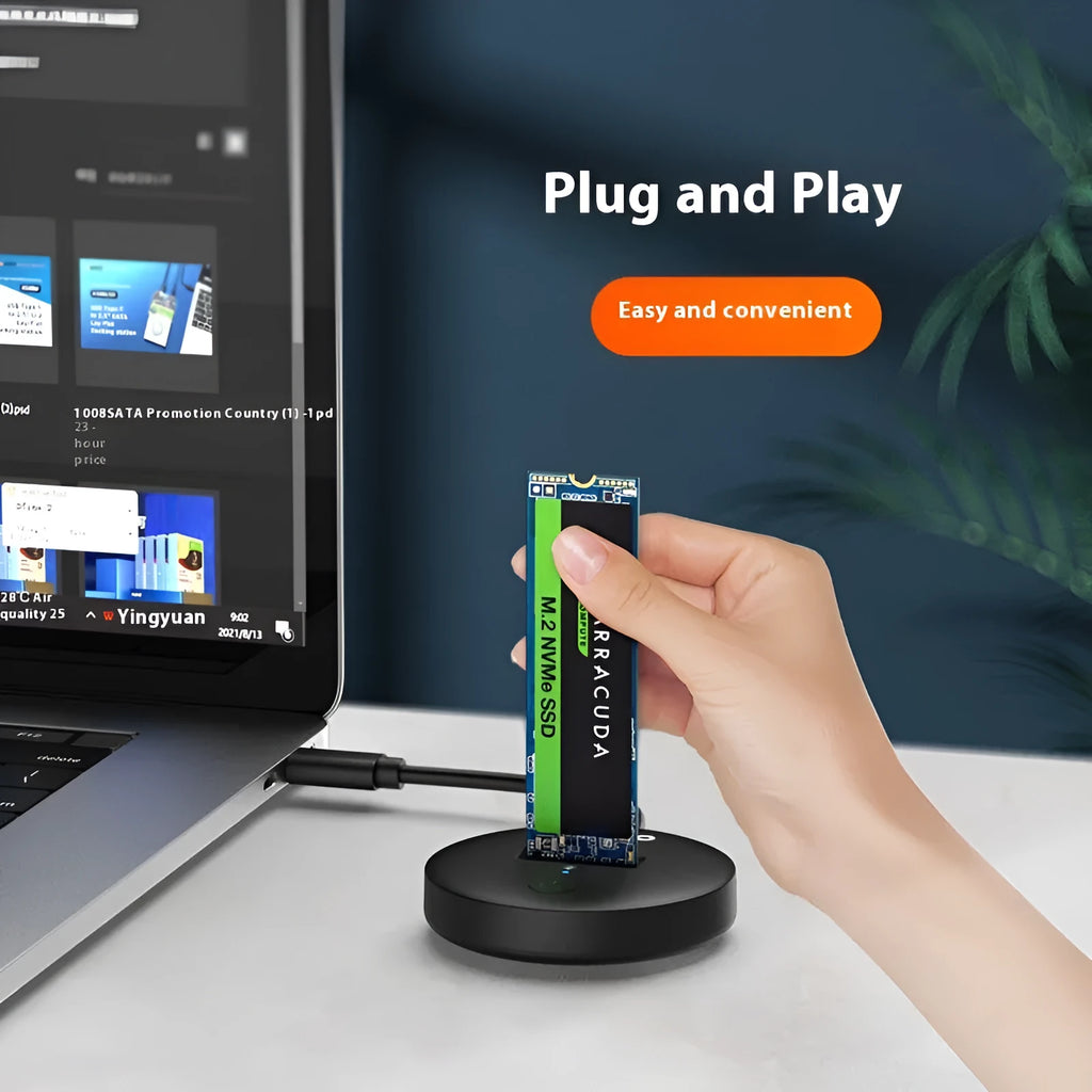 Black external hard drive enclosure for NVMe solid state drives with USB Type-C port