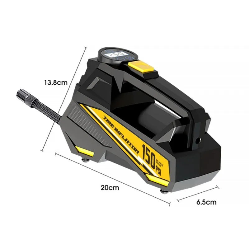 Black portable digital tyre inflator with LED light and 12V power cable for vehicles
