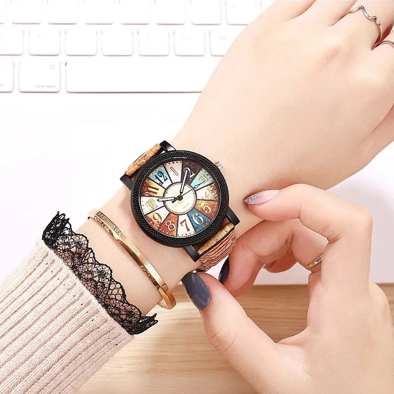 Women's vintage leather strap quartz watch with 37mm round dial and tempered glass crystal