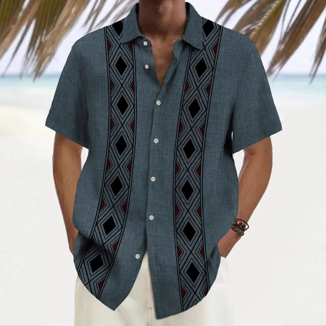 Men's multicolour printed loose fit polyester shirt shown in casual setting