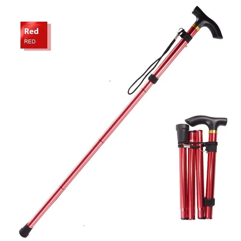 Adjustable aluminium folding walking cane extended, showing anti-slip handle and rubber tip.