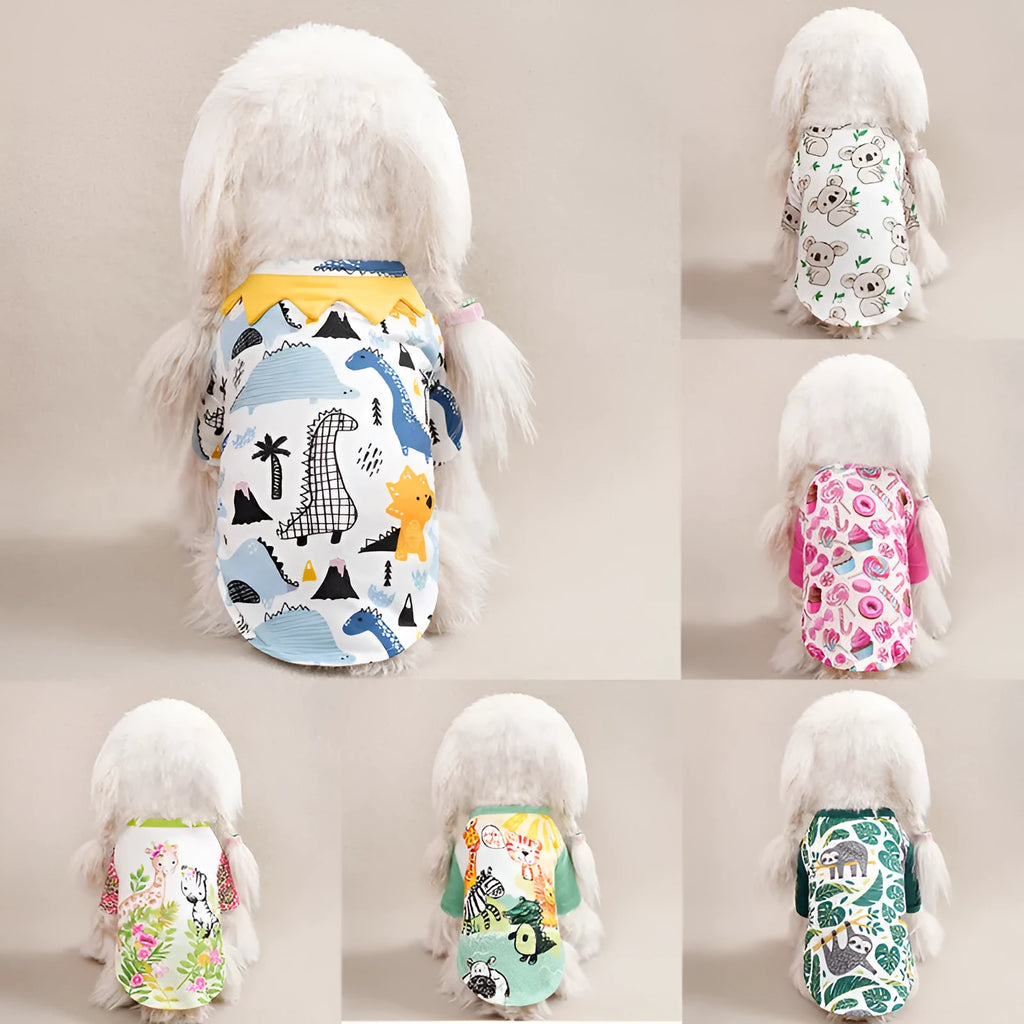 Casual printed dog t-shirt in multiple colours, shown with a sizing chart for small dogs.