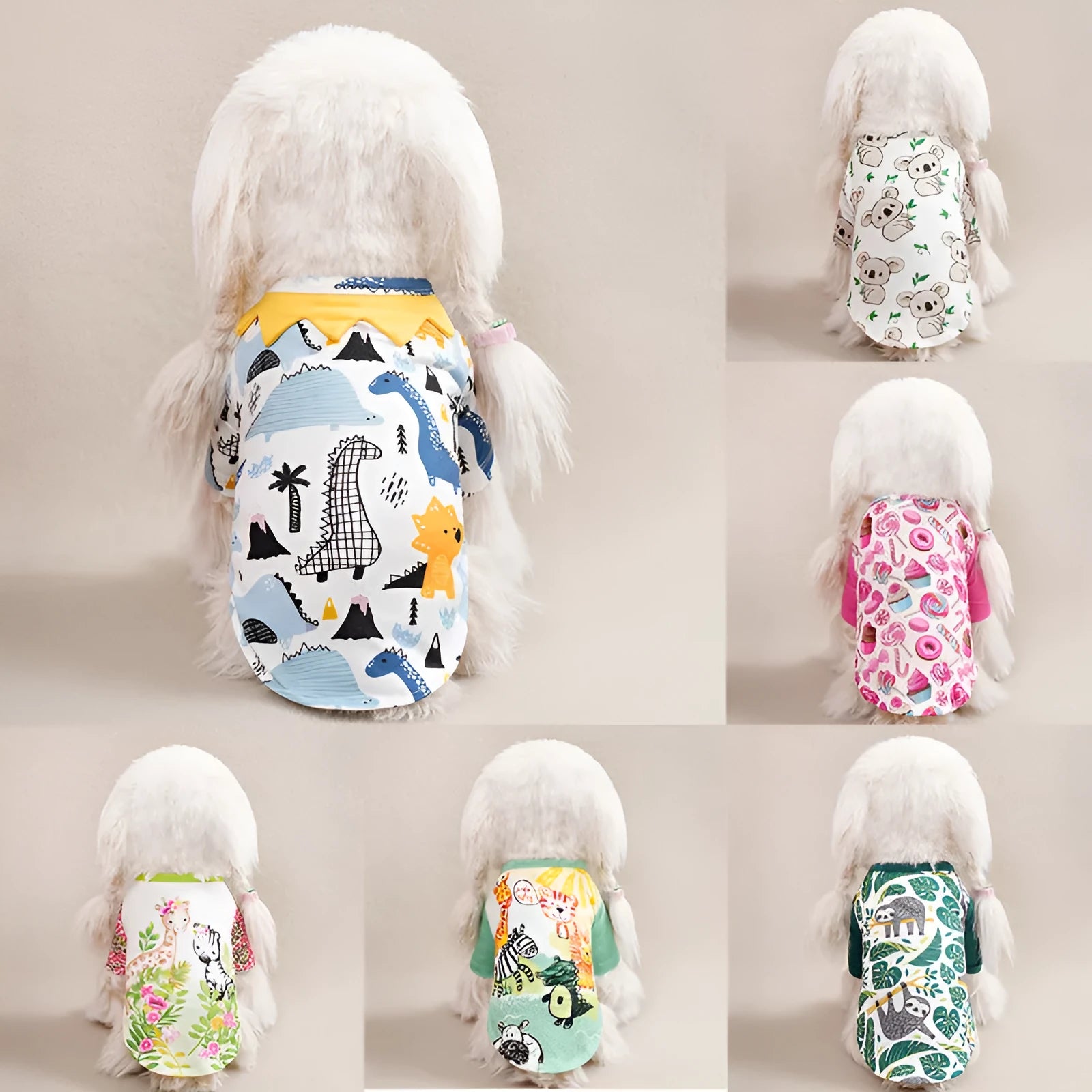 Casual printed dog t-shirt in multiple colours, shown with a sizing chart for small dogs.